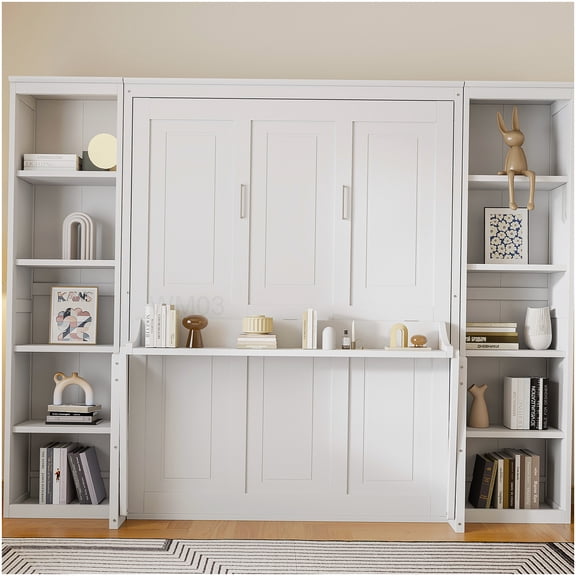 Queen Size Murphy Bed with Desk, White Space Saver Wall Unit with Bookshelves and Storage