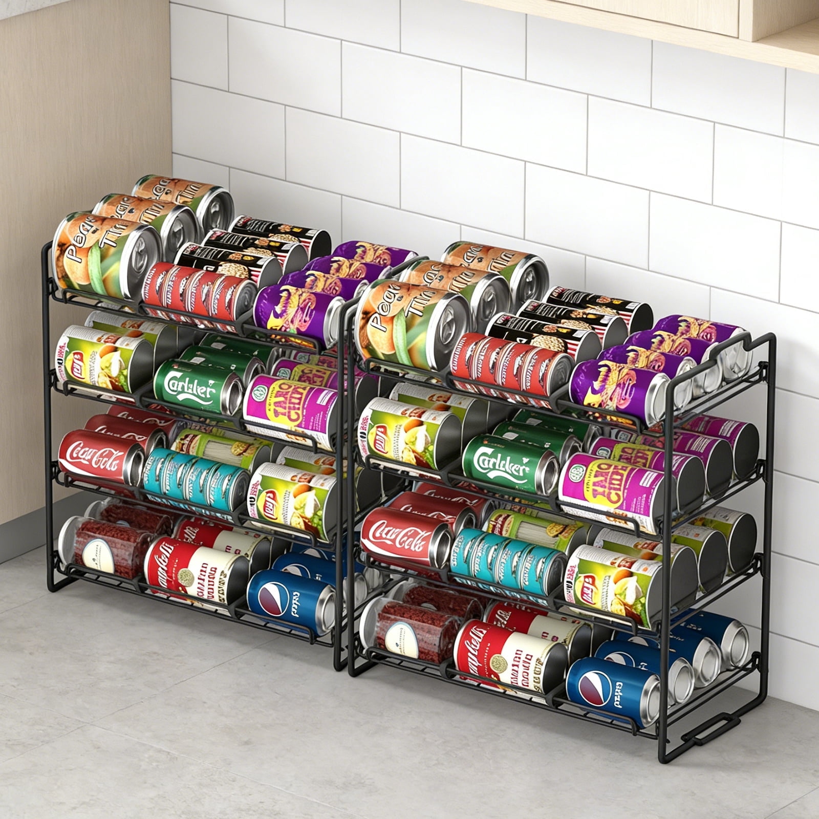 stusgo 2 pcs 4 Tiers Stackable Can Rack Organizer, Wear-Resistant Upgrade Beverage Food Can Dispenser Holder Holds up to 48 Cans for Kitchen Cabinet and Pantry (Black)