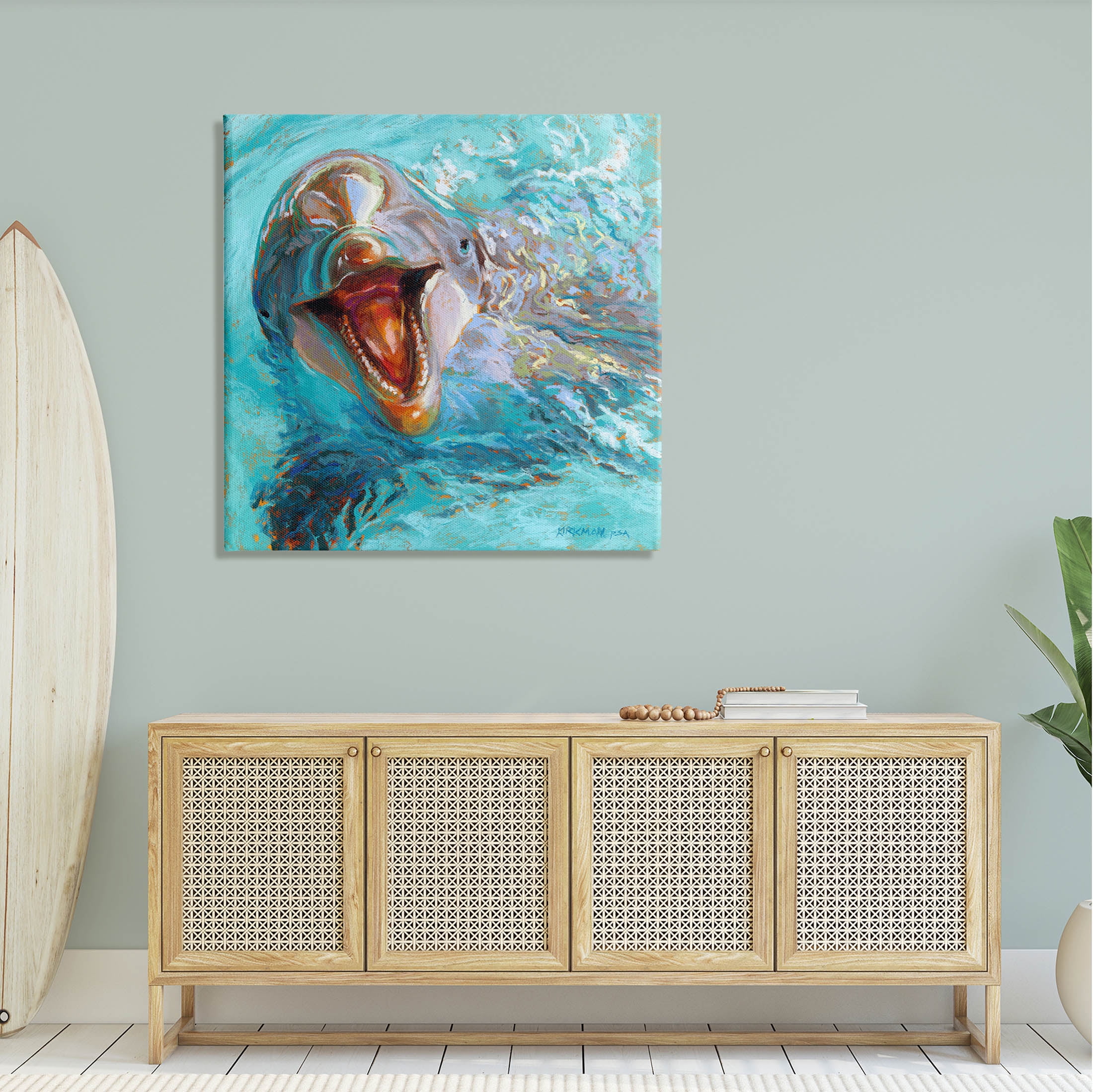 Smiling Dolphin Water Splash Animals & Insects Painting Gallery Wrapped Canvas Print Wall Art