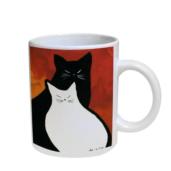 KuzmarK Coffee Cup Mug Pearl Iridescent White - Black & White Kitties Abstract Cat Art by Denise Every