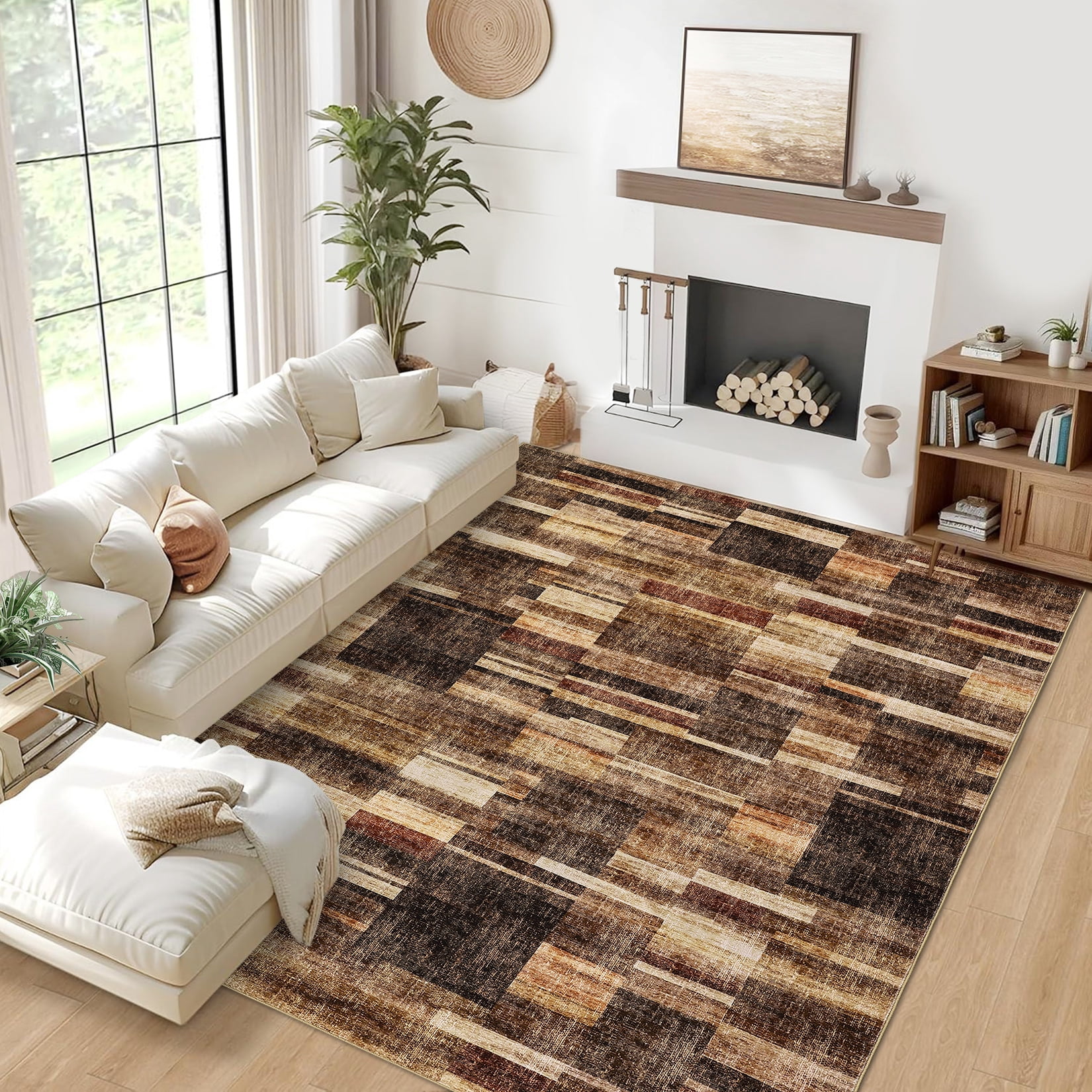 Garvee Geometric Area Rug 5x7 Modern Washable Rug for Living Room, Non-Slip Stain Resistant Indoor Carpet for Bedroom Dining Room Office, Brown