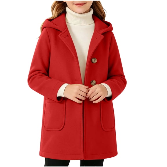 RYRJJ Kid Girls Single Breasted Trench Coat Winter Warm Long Peacoat Long Sleeve Hooded Jacket Outwear with Pockets