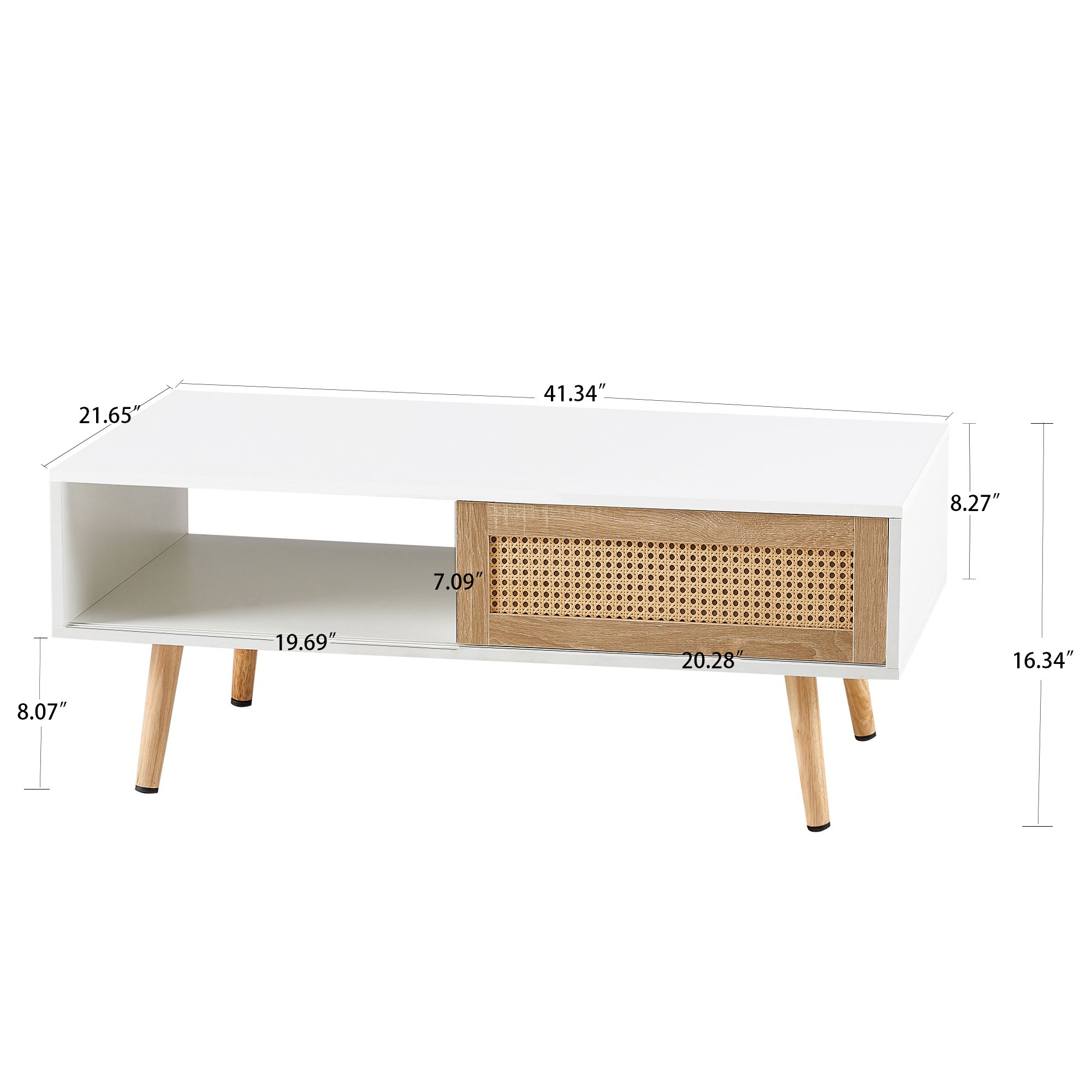DEALTOPS Modern Coffee Table with 1 Sliding Rattan Door and Open Compartment, Stylish Coffee Table with Solid Wood Legs for Living Room - White