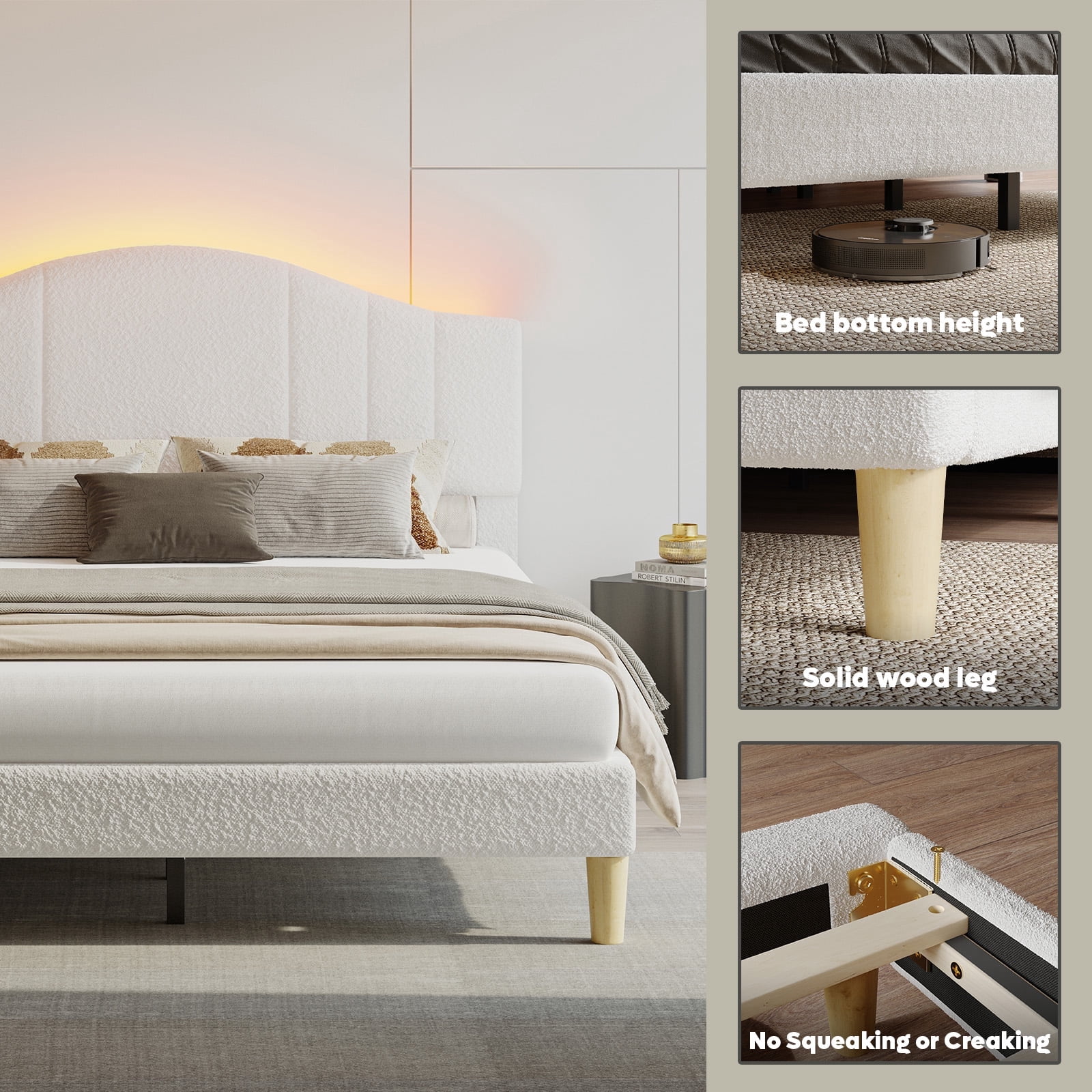 Pinmoco Queen Upholstered Bed Frame with Adjustable Arc-shaped Headboard, LED Platform Bed, Teddy Velvet White
