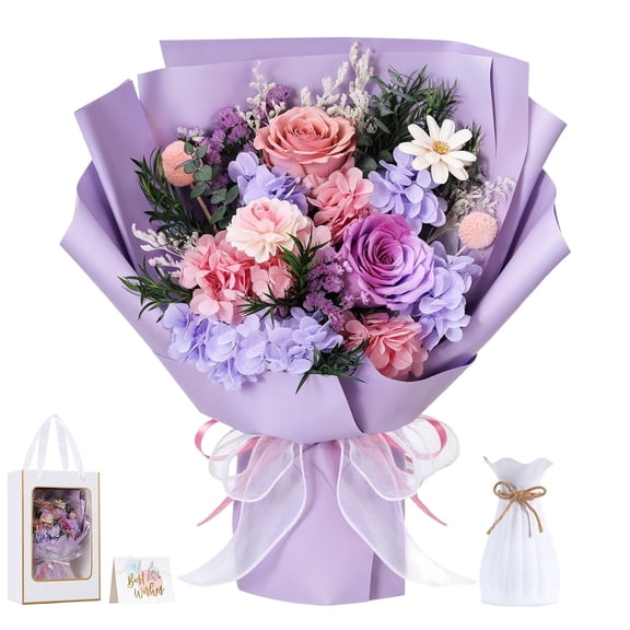 Lewondr Preserved Flowers Bouquet,Eternal Purple Rose Bouquet,Real Long-Lasting Flowers in Gift Box for Mom Grandma Wife Mothers Day Birthday Anniversary, Pink Purple