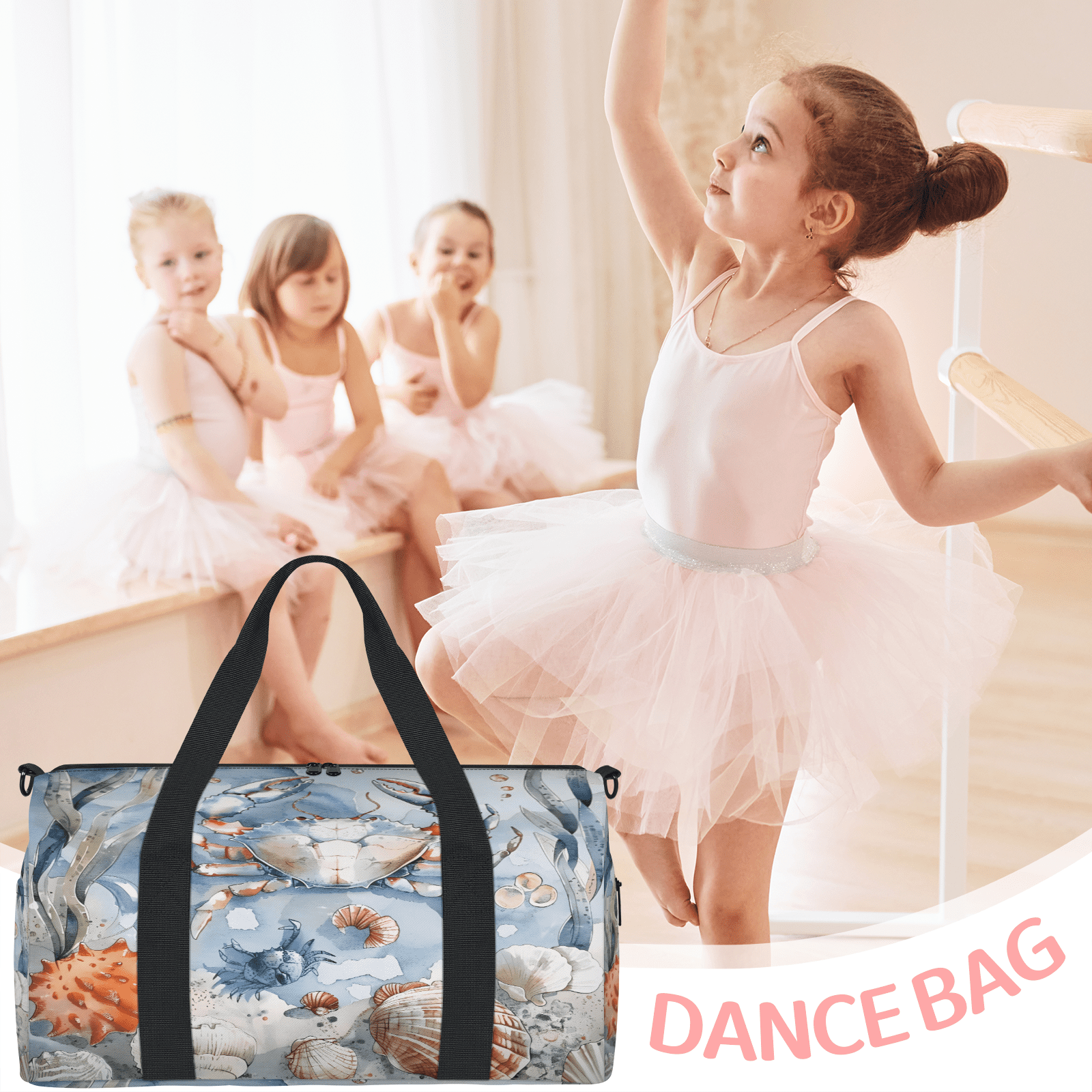 Herdesigns Nautical Coastal Crab Starfish Seashell Gym Bag for Women, Duffle Bag for Travel Sport, Lightweight Waterproof Carry on Weekender Overnight Dance Yoga Workout Bags