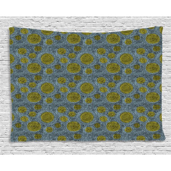Geometric Tapestry, Repeating Dots in Circular Movement on Yellow Spot Background, Wall Hanging for Bedroom Living Room Dorm Decor, 80W X 60L Inches, Pale Blue Yellow and Black, by Ambesonne