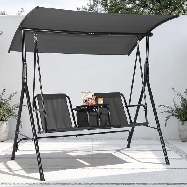 Silla Swing para Exteriores de 2 Plazas para Jardín, Balcón, Junto a la Piscina O Terraza – Toldo Ajustable, Respaldo Reclinable, Mesa Giratoria, Portavasos, Bolsa Aislada
