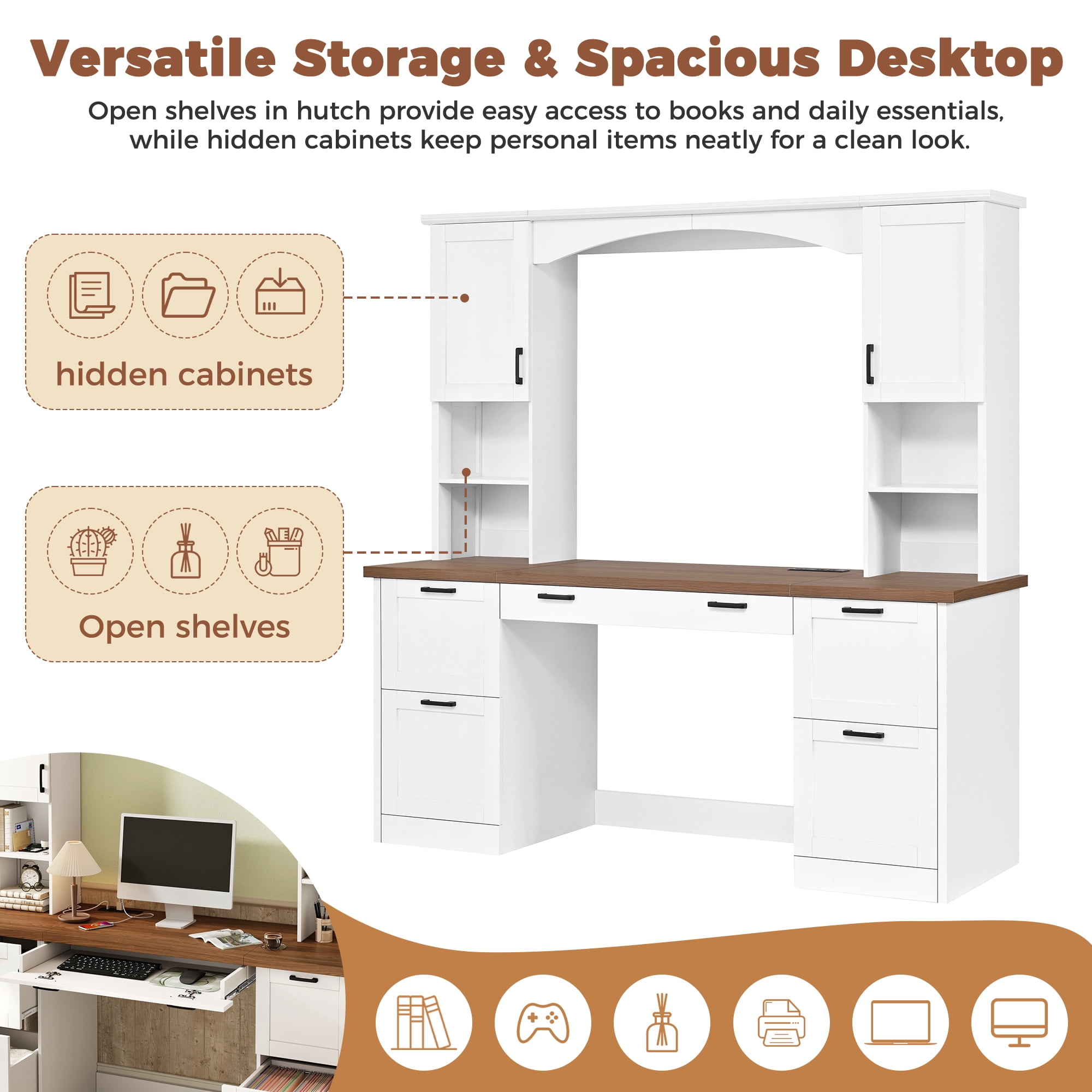 Homy Casa 67.5" Farmhouse Computer Desk with Hutch, Charging Station and File Drawer, White Walnut