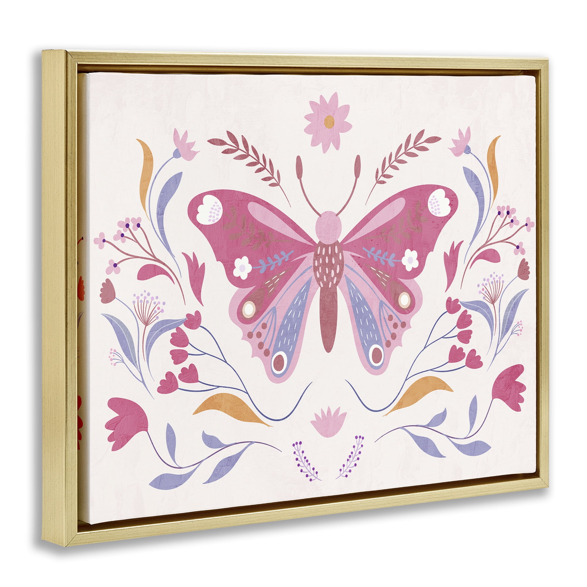 Stupell Industries Whimsical Folk Butterfly Gold Framed Floater Canvas Wall Art, design by Kim Allen