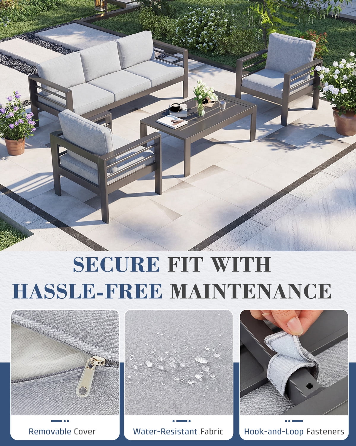 AECOJOY Aluminum Patio Furniture Sets,4 Pieces Outdoor Metal Conversation Sectional Sofa with Coffee Table, Grey
