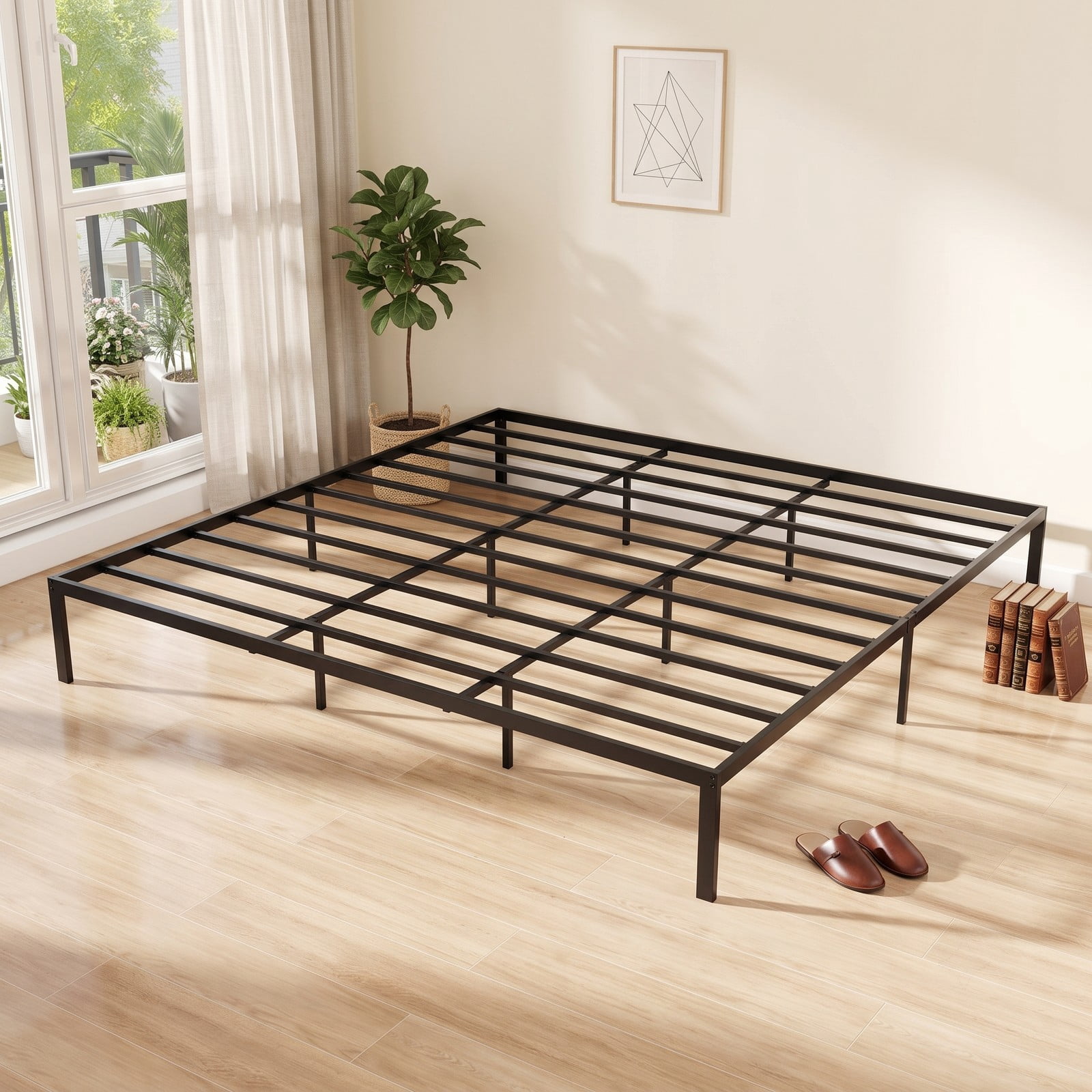 Furnibear Queen Metal Bed Frame Platform Bed with Heavy Duty Steel Slats and Reinforced Center Legs for Guest Room, Black