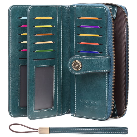 GOIACII Women's Wallet Large Capacity Leather RFID Blocking Trifold Ladies Cluth Wristlet Wrist Strap Long Purse Credit Card Holder with Gift Box