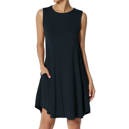 TheMogan Women's PLUS Sleeveless Crew Neck Pocket Flared Long Tank Top Mini Dress