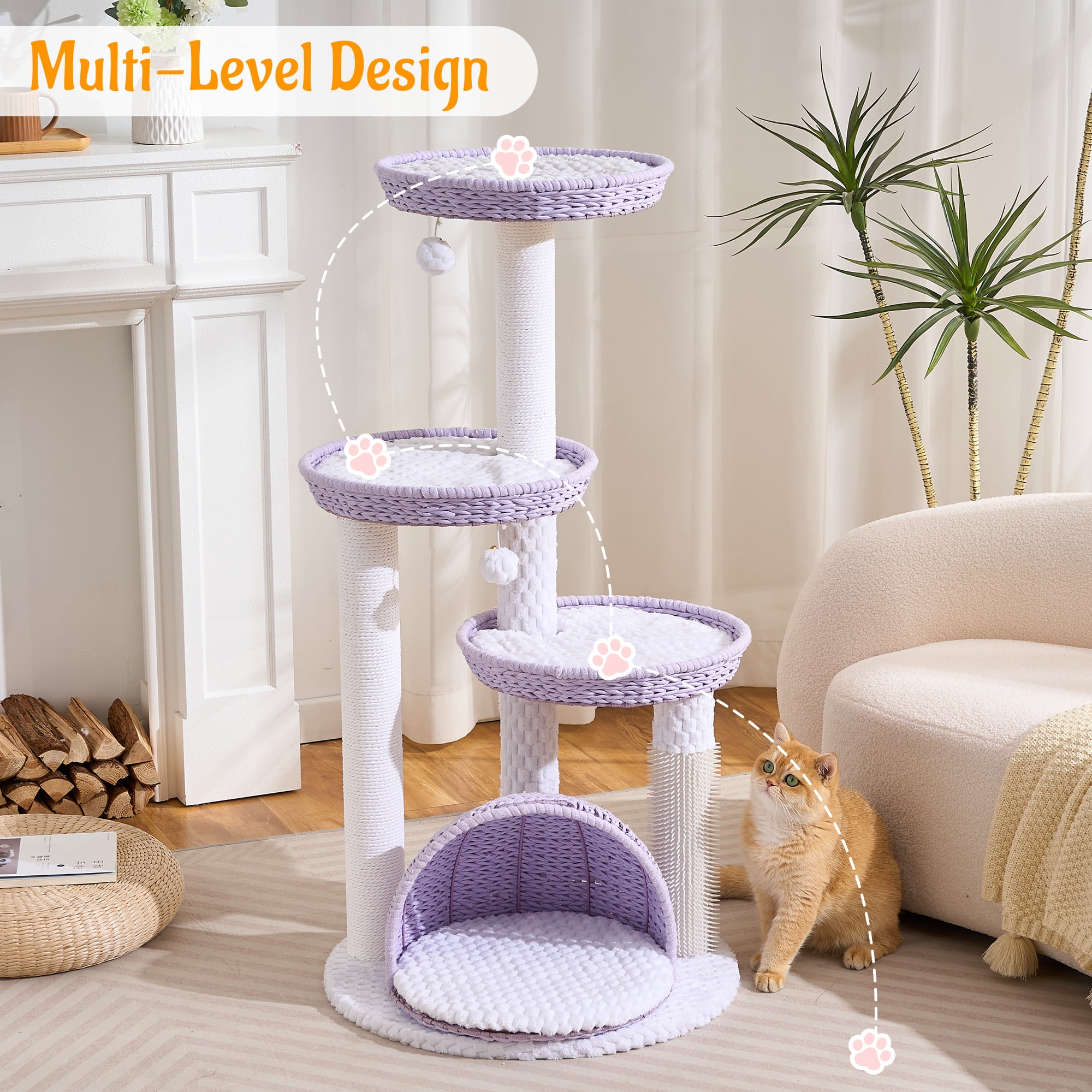 HITTITE Modern Cat Tree Tower with Scratching Post, 46 Inches Tall Cat Towers with Woven Cat Nests and Cave, Removable Cushions and Massage Brush for Indoor Cats Large Adult.