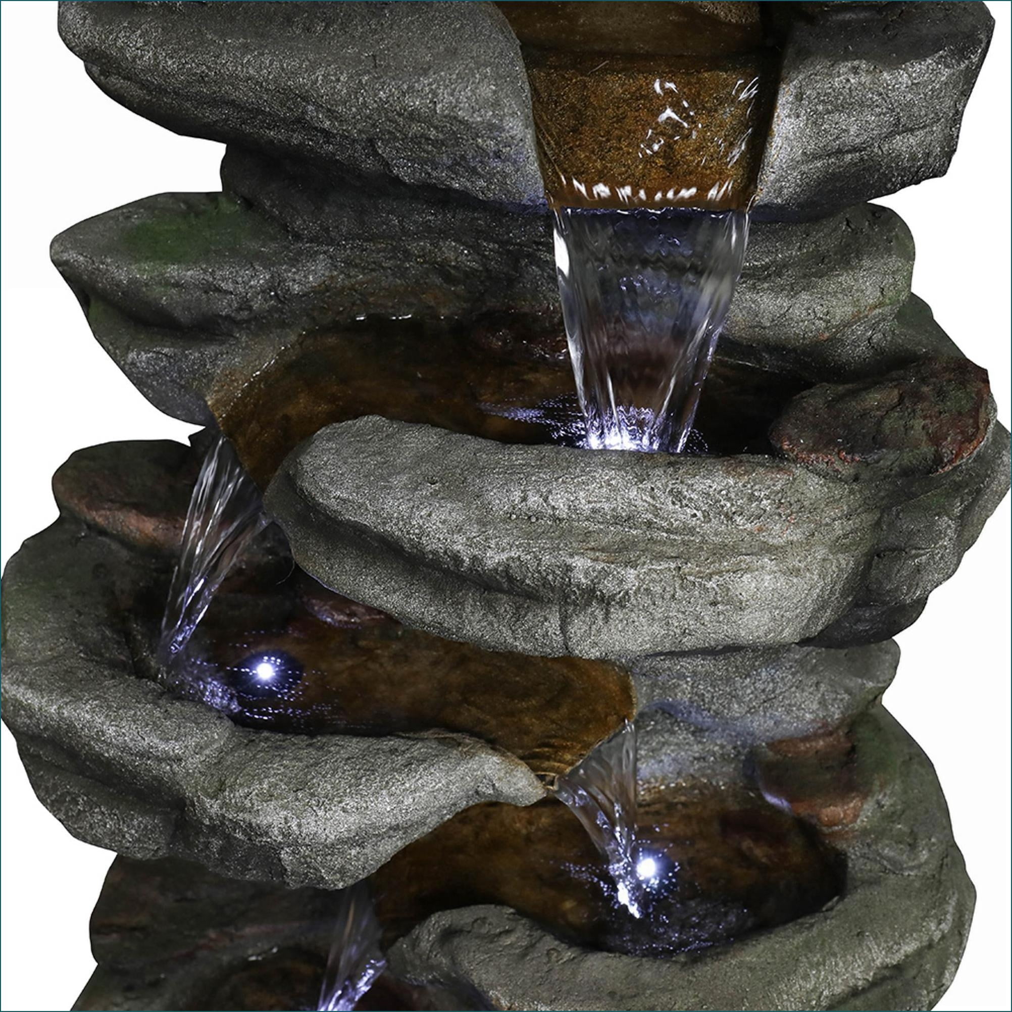 Fountains 30.7" 6-Tier Rock Waterfall Fountain with LED Lights, for Patio Garden Indoor Outdoor | Resin | Rock