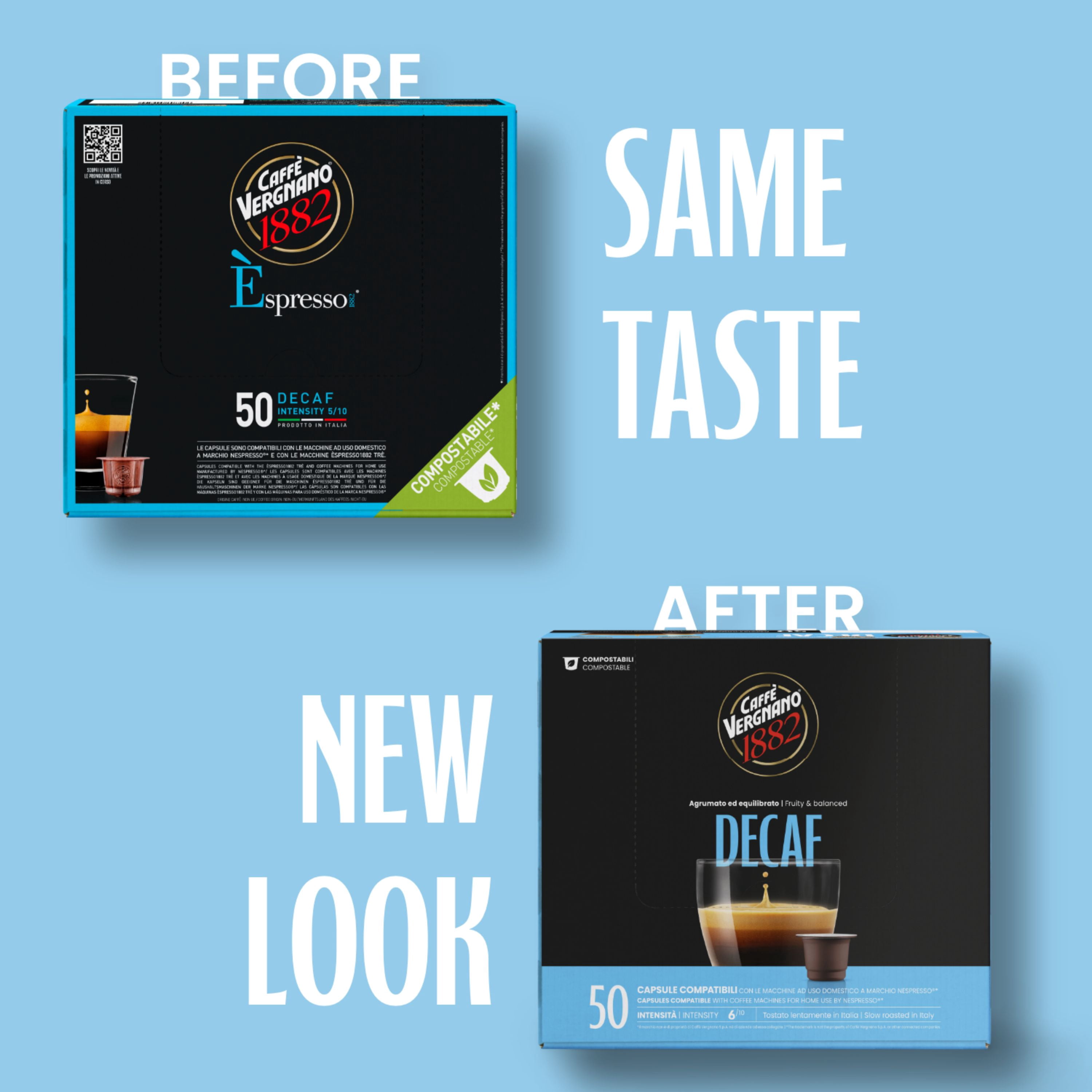 Caffe' Vergnano 1882 Decaf Medium Roast Espresso Original Line Machine Compatible Capsules, Arabica Robusta Espresso Coffee, Italian Coffee for Nespresso Machines, Intensity 5/10, Decaffeinato, 50 Ct