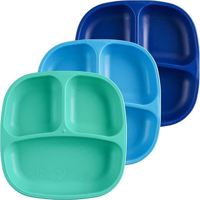 Re-Play Made in USA 7" Deep Walled Divided Plates for Kids, Set of 3 Without Lid - Reusable 3 Compartment Plates, Dishwasher and Microwave Safe - 7.37" x 7.37" x 1.25", A True Blue