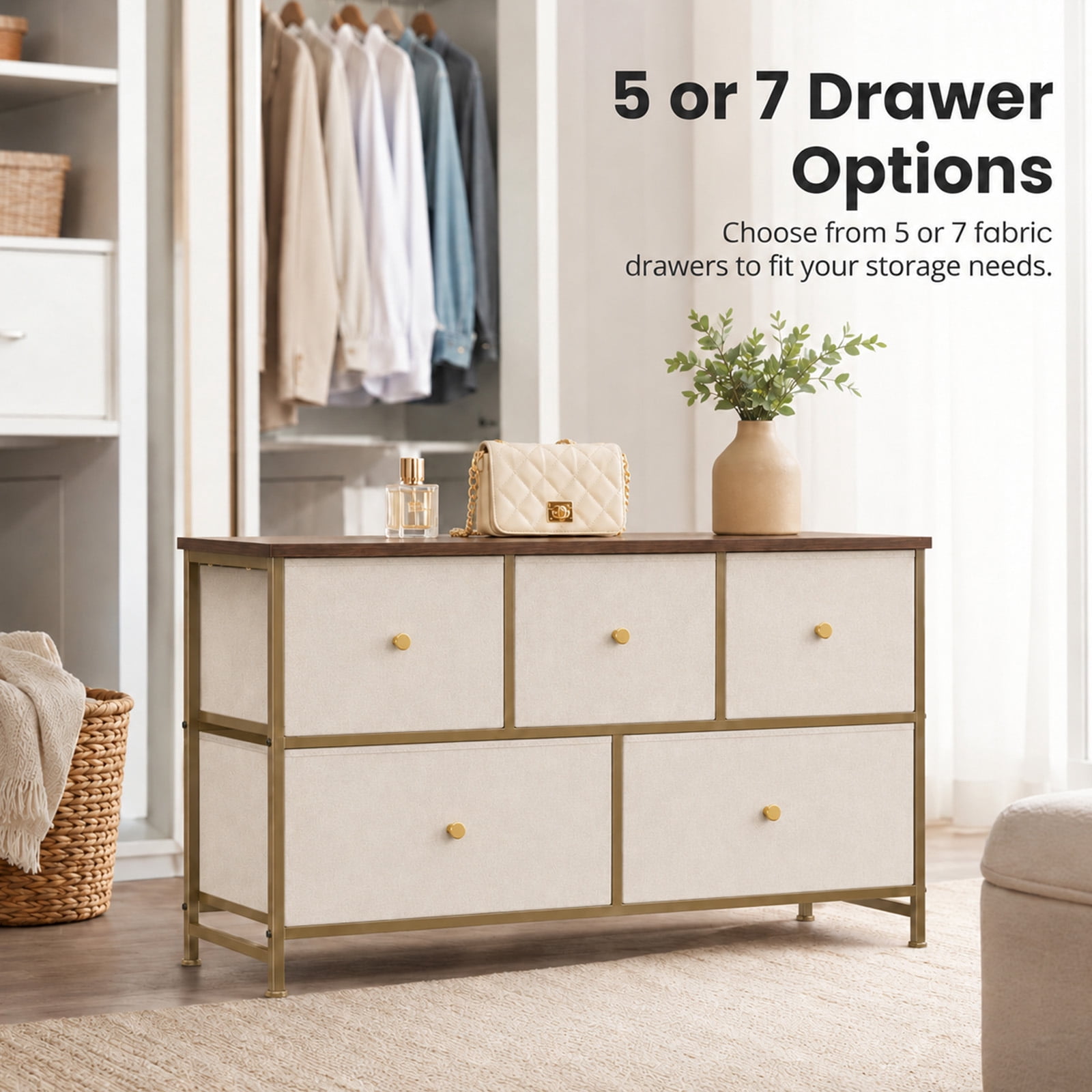 Alvantor 5/7 Drawer Fabric Dresser, Storage Tower for Bedroom and Closet, Chest of Drawers with Sturdy Steel Frame & Wooden Top for Living Room, Entryway