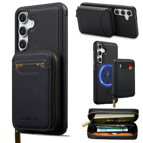 ELEHOLD Shockproof RFID Blocking Leather Wallet Magnetic Case Detachable Zipper Card Holder for Samsung Galaxy A16 5G, Black