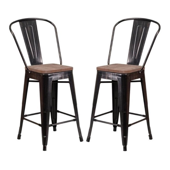 Home Square 24" Metal Counter Stool In Black-Antique Gold - Set of 2
