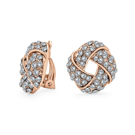 Bling Jewelry Womens Classic Twist Braided Crystal Knot Button Style Clip On Earring Non Pierced Ears Rose Gold Plated