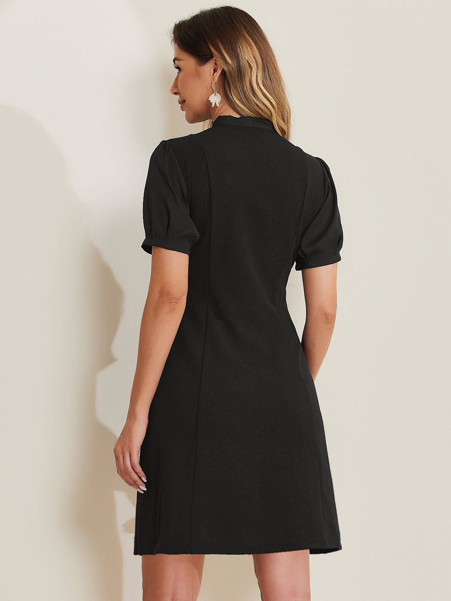 DARING DIVA Women's Tie Neck Puff Short Sleeve Office Work Dress L Black