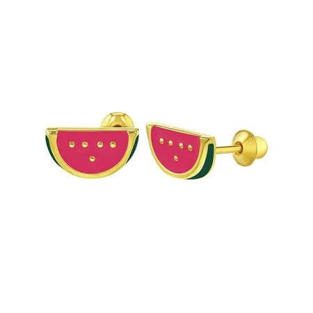 In Season Jewelry 18k Gold Plated Fruit Watermelon Pink Enamel Kids Screw Back Earrings