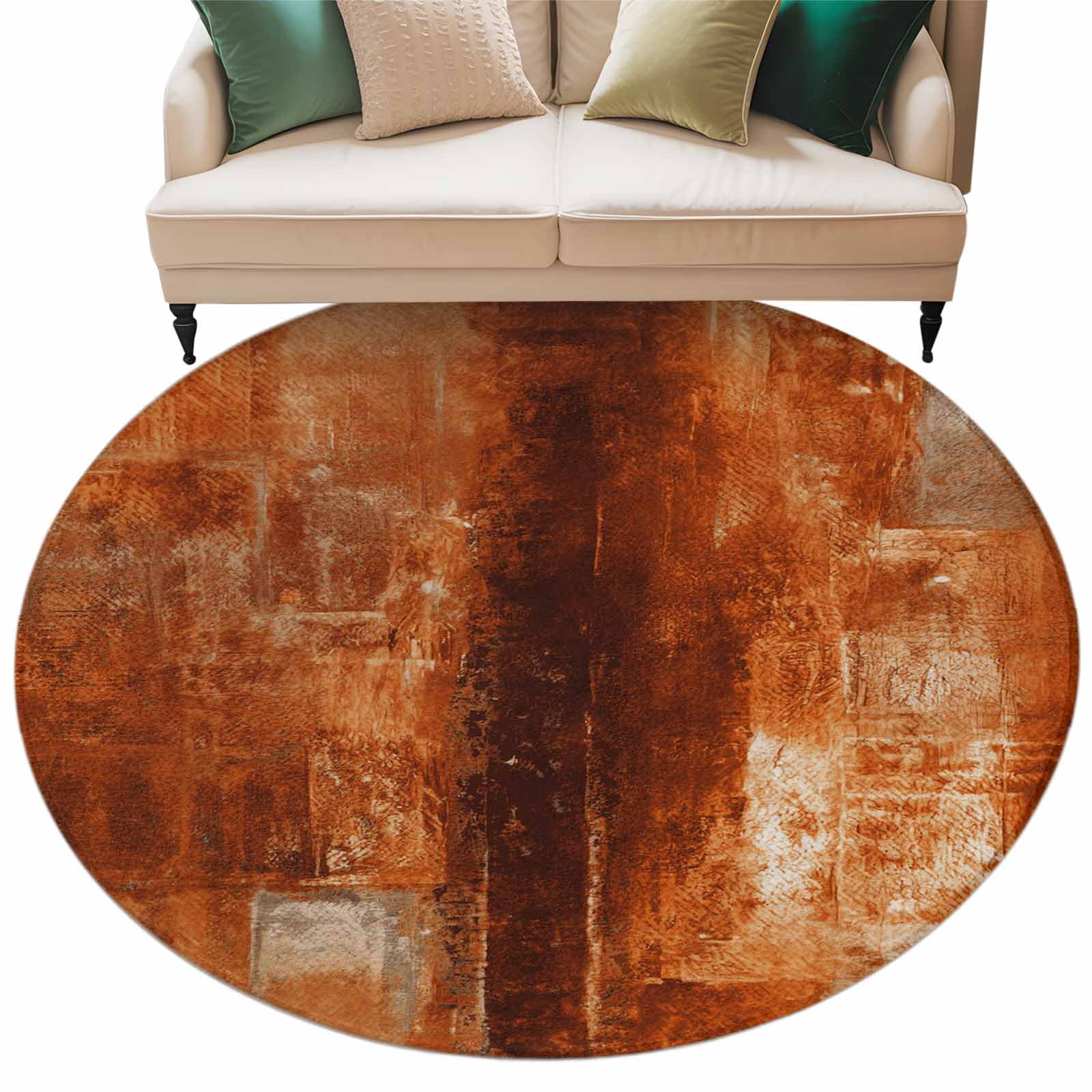 Burnt Orange 8ft Round Rug, Oil Painting Abstract Modern Vintage Non-Skid Rubber Backing Large Area Rugs - Living Room Bedroom Home Office, Indoor Floor Mat Carpets Washable Rug