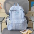thumbnail image 3 of Stripe School Backpack, Bowknot Embroidery Bag with Drawstring Side Pockets, Lightweight Breathable Bookbag for College Travel (Blue), 3 of 7