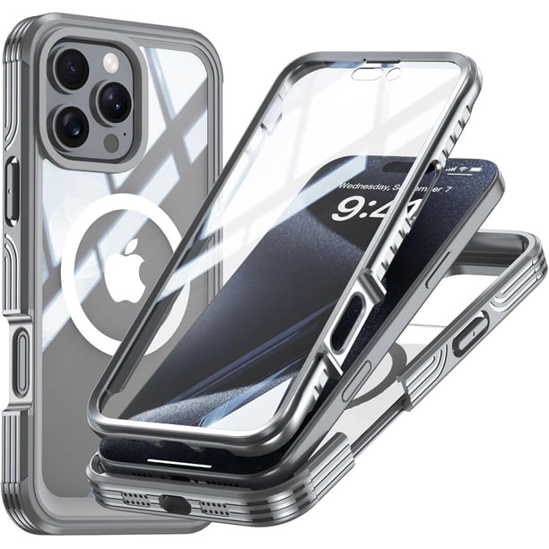 Funda para iPhone 16 Pro, carcasa protectora completa, resistente, trasera transparente, híbrida, magnética, de carga inalámbrica, de TPE PC con pantalla integrada, a prueba de golpes