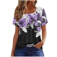 thumbnail image 2 of Uootdi T Shirts for Women Short Sleeve Colorblock Crewneck Floral Print Button Decor Loose Fit Casual Daily Tops Gift, 2 of 5