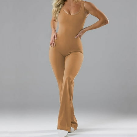 Tank Top Bodysuit for Women Summer Tight Flared Hem Long Pant Body Suit Slimming Pleated Cutout Back Bodycon Shapewear  Orange  L