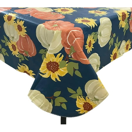 

Autumn Thanksgiving Fall Flannel Backed Vinyl Tablecloth: Harvest Designs of Colorful Pumpkins and Sunflowers on Blue 60