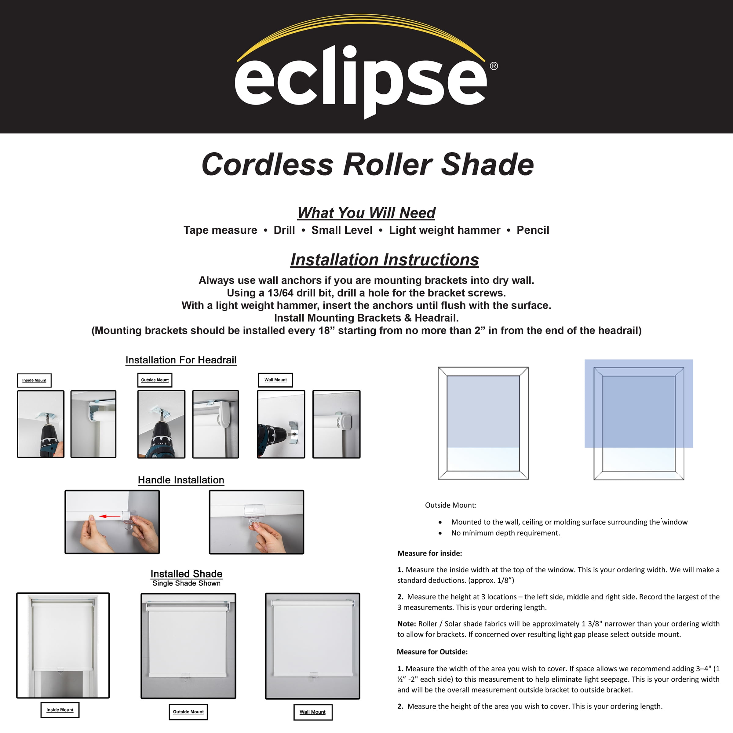 Eclipse Cordless Light Filtering Polyester Roller Window Shades, 23" x 72"