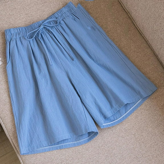 Frostluinai Womens Baggy Wide Leg Shorts High Waist Drawstring Bermuda Shorts Casual Linen Knee Length Shorts Solid Lightweight Shorts with Pocket