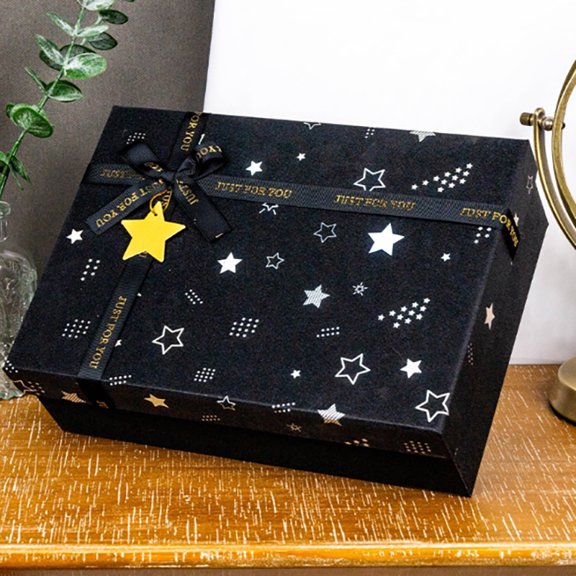 Black Star Gift Box With Ribbon Bow Rectangular Paper Box Birthday Gift Anniversary Exquisite Packaging Box
