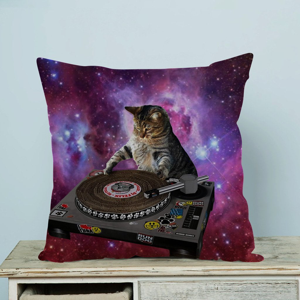 GCKG Cool Galaxy DJ Cat Funny Animal Pet Design Pillow Case Pillow Cover  Pillow Protector Two Sides 18 x 18 Inches 
