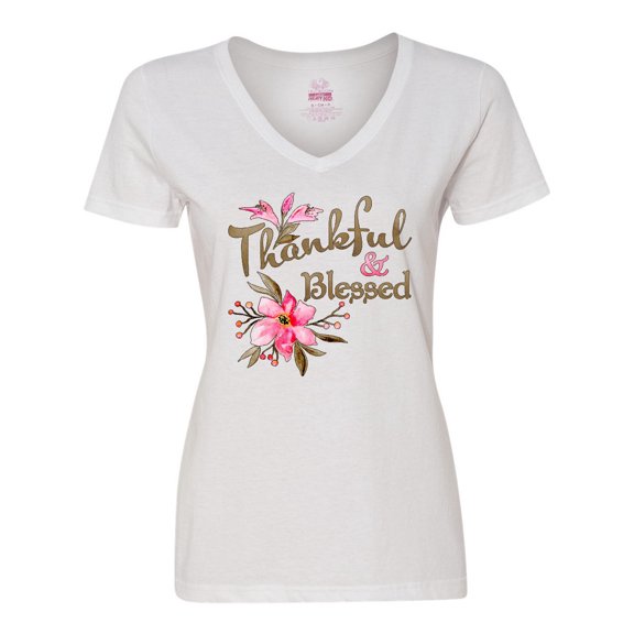 Inktastic Thankful and Blessed Inspirational Saying with Pink Flowers Women's V-Neck T-Shirt