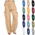 thumbnail image 7 of qucoqpe Women's Faux Denim Cargo Pants Loose Elastic Waist Drawstring Wide Leg Pants with Pockets, 7 of 7