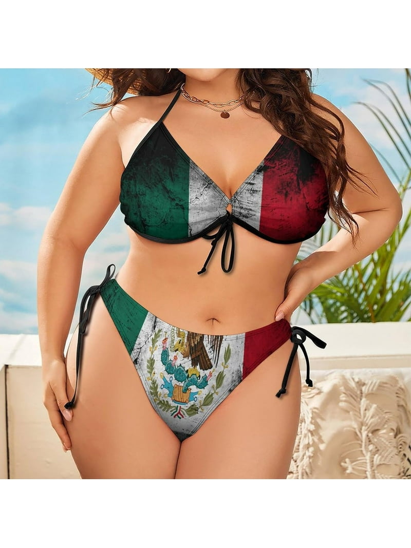 Women Flag of Mexico Plus Size String Triangle Bikini Set