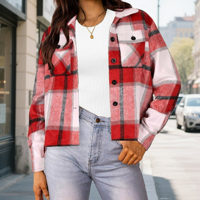 Wyobmus Womens Plaid Cropped Jacket Long Sleeve Button Down