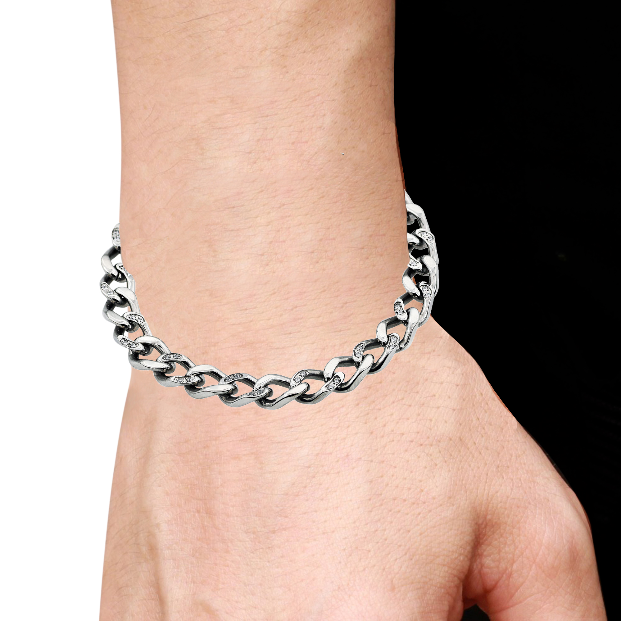 Arista Cubic Zirconia Diamonds Curb Link Chain Men's Bracelet in Stainless Steel, 8.5"