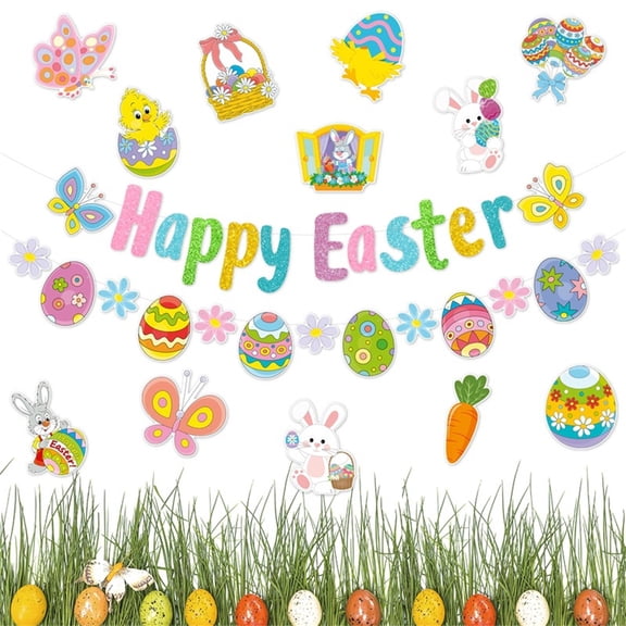 Sparkly Easter Egg Pulling Banner for Indoor Holiday Party Supplies Glitter Letter Sign and Rabbit Hanging Bunting for Seasonal Festival