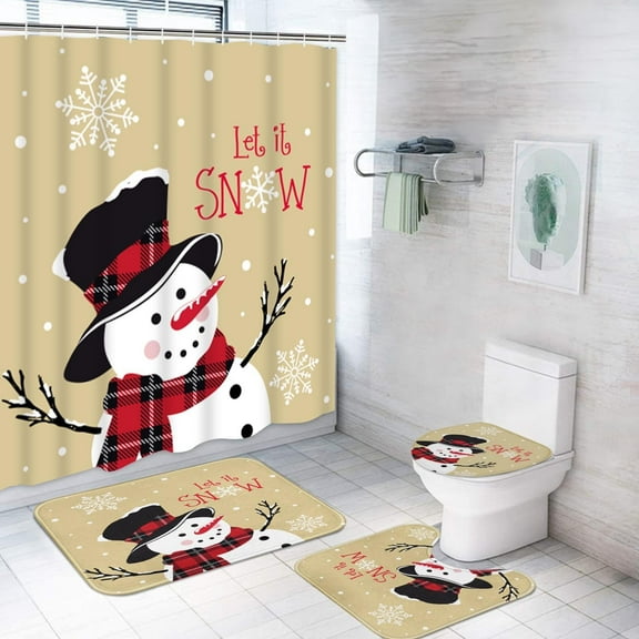 Yellow Christmas Snowman Bathroom Set Shower Curtain Set with Rugs Bathroom Set with Non-Slip Rug,Toilet Lid Cover,Bath Mat and 12 Hooks 72x72 inches Bathroom Decor 4 Pcs