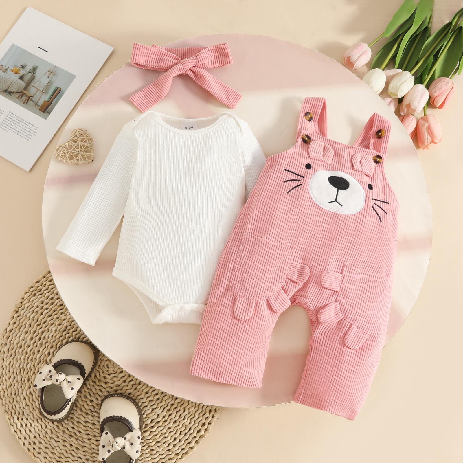 THDHVS Newborn Girl Outfits,Girls' Clothing Sets,Bear Embroidered Overalls Set with Ribbed Bodysuit and Headband for Baby Girl Cozy Outfit 0-3 Months
