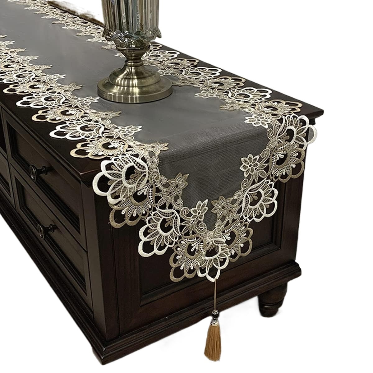 Vintage Grey Lace Table Runner Dresser Scarves Embroidered Hollow Out Runner Scarf with Tassels