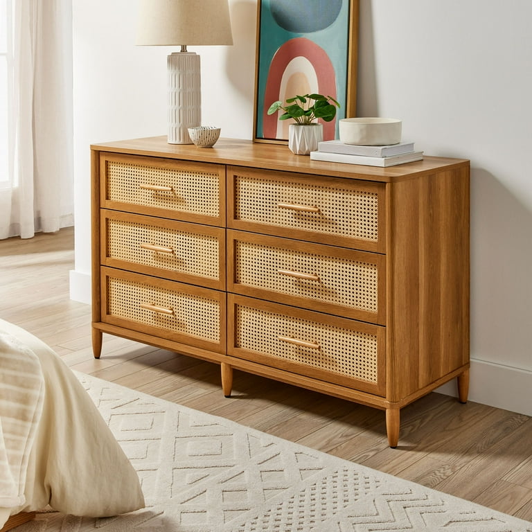 Better Homes & Gardens Springwood 6-Drawer Dresser with Decorative Rattan Inserts, Light Honey Finish, Solid Wood Accents