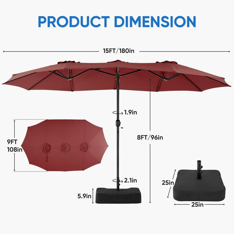 EDX 15FT Patio Umbrella, Double-Sided Rectangle Canopy with Stand