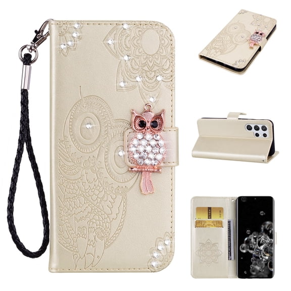 for Galaxy S23 Ultra (6.8" 2023) Case with Wrist Strap, PU Leather Embossed Glitter Diamond Owl [Kickstand & Card Holder] Full-protective Anti-fall Shockproof for Girls Women, Gold